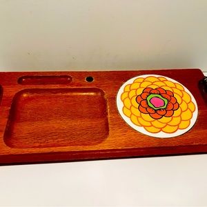 Vintage Wooden Cheese Board Serving Tray with Floral Tile Trivet 1970’s Japan